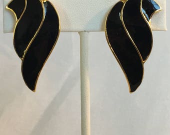 Black Enamel Wings On Gold Tone Vintage Clip Earrings
