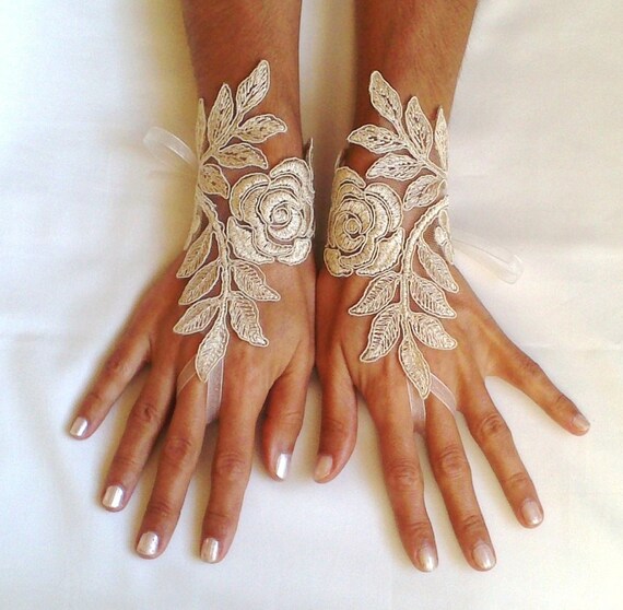 cappuccino Wedding gloves happiness rose bridal gloves fingerless lace gloves cappuccino gloves french lace gloves