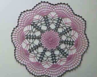 handmade crochet doily, gray and pink lace doily - 14 inch - girl room - handmade doily, two toned doily, multi colored doily