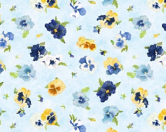 Pansy Fabric - Tossed Pansies - Walking on Sunshine by Joanne Porter for Wilmington Prints Fabric - 79269 454 Blue - Priced by the half yard