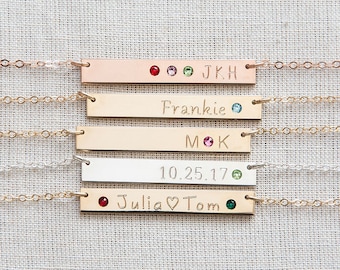 Birthstone Bar Necklace, Personalized Birthstone Necklace, Engrave/Custom Name Necklace, Gold/Rose Gold Bar Necklace, Gift for Mom