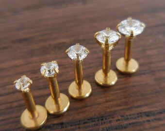 16G 6mm 1/4" 2-4mm Crystal Clear Cubic Zirconia Triple Forward Helix Cartilage Labret Golden Internally Threaded Tragus Stud