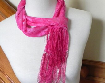 Crepe silk scarf with fringe, hand dyed shades of strawberry pink, ready to ship, #400