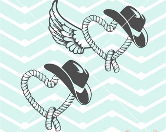 Cowboy Cowgirl Hat on Rope Heart with and without wing vinyl diy tshirt decals - Digital File Instant Download Svg png jpeg eps dxf jpeg