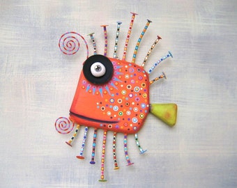 Orange Guppy, MADE to ORDER, Original Found Object Wall Sculpture, Wood Carving, Fish Wall Art, Marine Art, by Fig Jam Studio