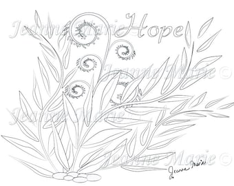 Hope Ferns Fantasy Coloring Page Adult Digital Stamp Motivational Download Inspirational Series