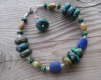 The 'Master Healer'- Turquoise, Gaspeite, Lapis, and Malachite with Sterling Silver Gemstone Bracelet