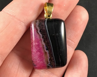 Black and Pink Druzy Agate Stone Pendant Necklace