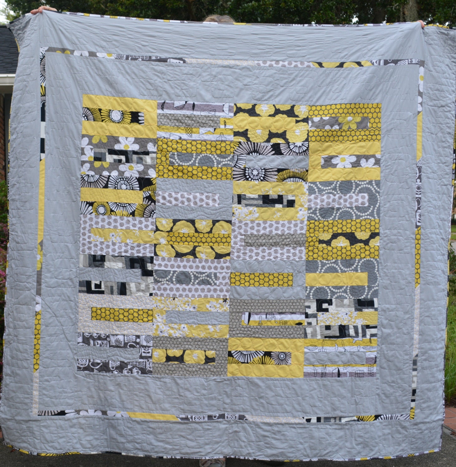 Modern Yellow Gray Black & White Striped Lap Quilt/Throw