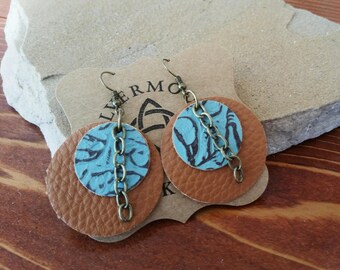 Round Turquoise Leather/Tan Faux Leather/Western/Boho Dangle Earrings