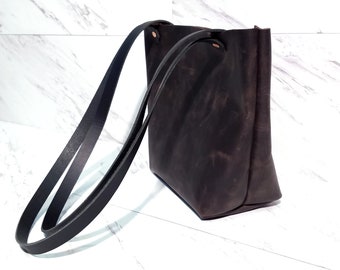 Dark Brown Leather Tote Purse- Distressed Leather Handbag- Rustic Shoulder Bag