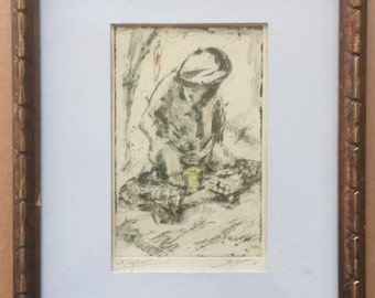 Pencil-Signed Etching MUNIA LANDER (1907-1971) Israel, Framed Excellent!
