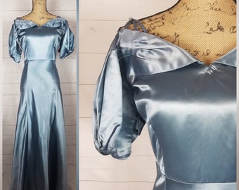 Vintage 1940s 1950s Slate Blue Satin Evening Gown