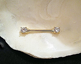 1 Barbell WHITE CZ CLEAR Nipple Barbells Industrial Scaffold Gold Plated, 14g, 10mm 12mm 14mm 16mm 32mm 35mm 38mm, Prong Set cz End Caps.