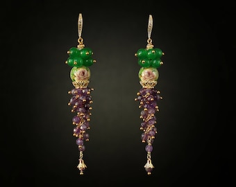 Amethyst Earrings Gemstone Earrings Tensha Earrings Long Earrings Purple Earrings Cluster Earrings Statement Earrings Dangle Earrings