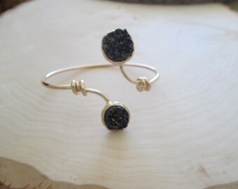 Druzy Open Cuff Bangle Bracelet - Rainbow Hematite