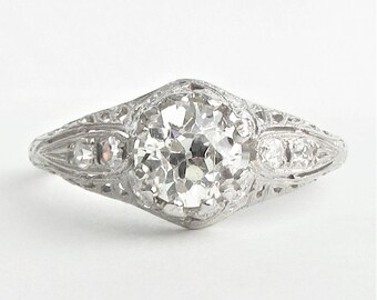 Traub Orange Blossom Platinum 1 Carat VVS2 Old European Cut Diamond Filigree Deco Engagement Ring - 1.24 CTW! GIA G.G. Appraisal 8,290 USD!