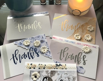 Handmade Thank You Cards with envelopes, set of 5, embossed, floral