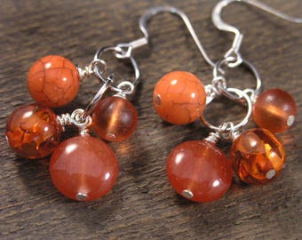 Orange creamsicle earrings, carnelian stone, czech glass, silver handmade earrings