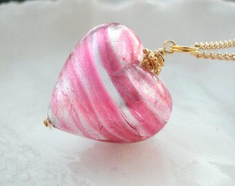 Venetian Murano Glass Pink Heart Necklace