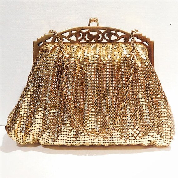 Whiting Davis / Gold Enamel Mesh / Handbag / Pouch / Purse / 1940s Fashion / Art Deco / Mid Century / Open Framework / Filigree Frame