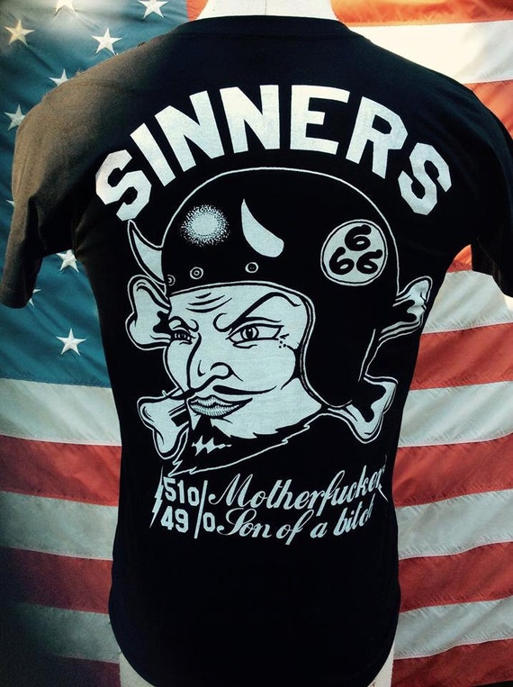Sinners Biker devil helmet shirt old greaser hot rod rat rod