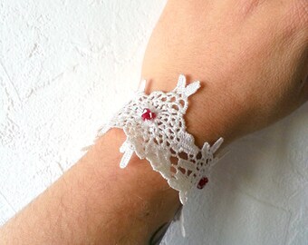 Lace bracelet cuff and Red swarovski beads