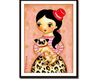 PRINT of PUG dog sweet poster print of Girl in Leopard Print with pug dog folk art print of painting by Tascha