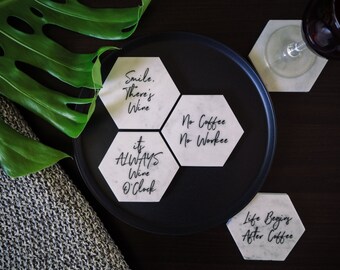 Carrara grand Coaster hexagonale en marbre - motivation Collection - pendaison de crémaillère - Pierre Coasters