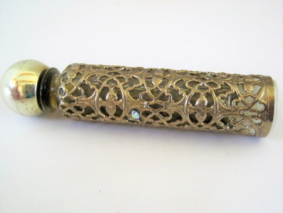 Gold Ormolu Perfume Bottle, Purse Flacon, Rhinestone Highlights - Revlon Intimate - 1 Fluid Ounce Size