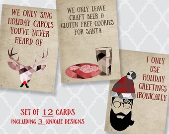 Hipster, Christmas Cards, Funny, Holiday Season Card, Reindeer, Red, Santa, Ukulele, Beer, Cookies, Printed, Folding, 12 Assorted Cards