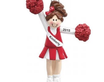 Personalized Brunette Red Cheerleader with Pom Poms Christmas Ornament- Free Personalization