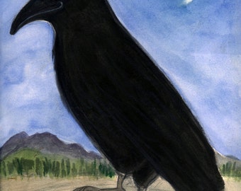 Raven Art Print (6x8) Bird Illustration, Nature Art print, Black Bird Portrait, "The Raven and the Moon"