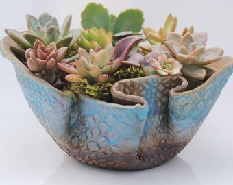 ceramic planter pot, garden plant bowl, window garden, wavy planter