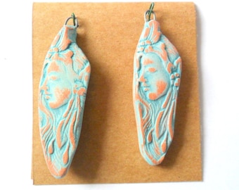 Distressed Turquoise Glazed Terra Cotta Fired Clay Petroglyph Lovely Lady Findings Pair