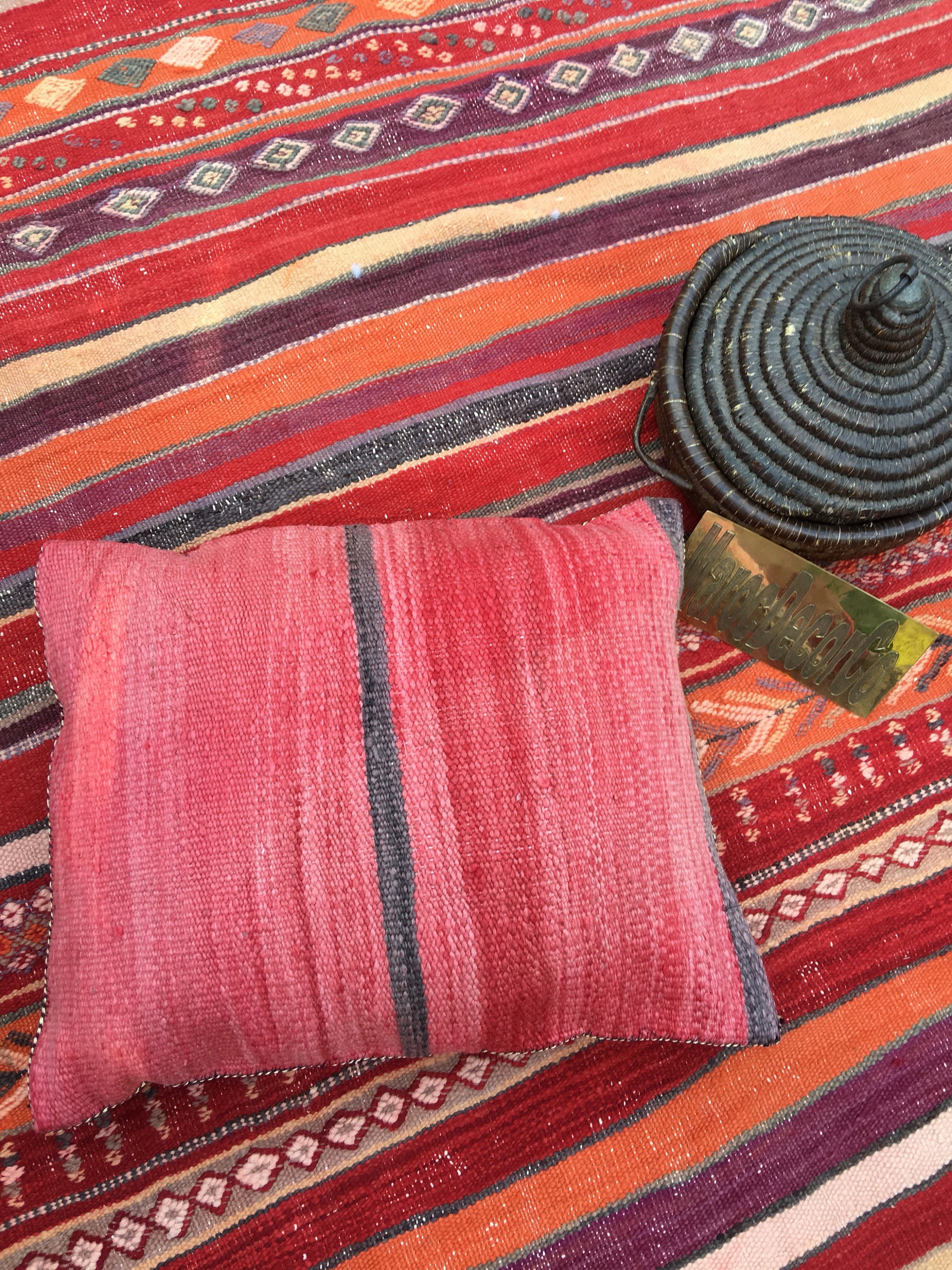 Vintage Moroccan Red Kilim Pillow, Old Berber Wool Pillow, Double Vintage Moroccan Red Kilim Pillow, Old Berber Wool Pillow, Double