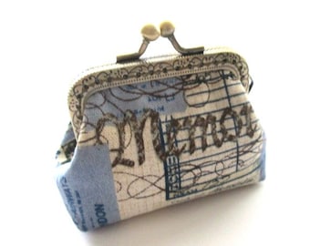 Blue beige cotton linen fabric coin frame purse bronze kiss lock clasp purse, frame pouch, metal frame purse, mini bag