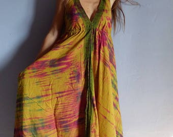 Ethnic long dress, cotton yellow tie dye, checkered, Halter, beach, festival