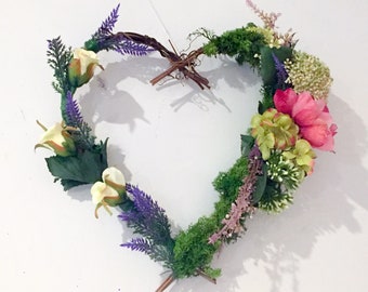 Heart shaped flower wreath, lavender, rose and peonie mix.