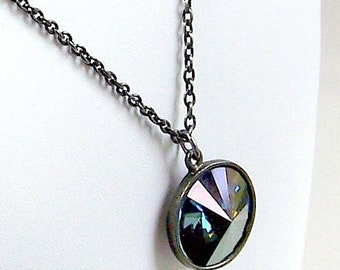 On Sale Antique Silver Pendant Necklace With Montana Blue Swarovski Crystal