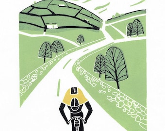 Tour de France - Yellow Jersey - Original Linocut Print , Cyclist Gift - Yorkshire Cycling - Bike, Contemporary Bicycle Art