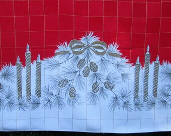Vintage Christmas Tablecloth Table Cloth Table Linens Pinecones Candles Bows Mid Century Dining Kitchen Textiles Vintage Linens