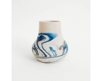 Vintage Nemadji Pottery Vase / Blue Swirls