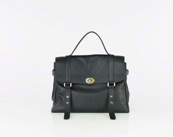 Black leather messenger bag - Leather satchel - Laptop messenger bag - Leather Briefcase - MELINA bag