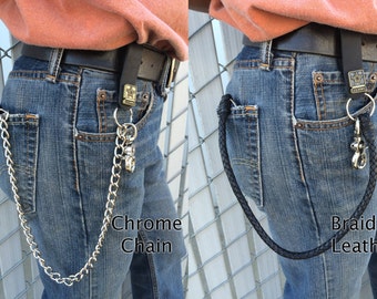 Mens Basic Trifold Wallet with Snaps, 18" Chrome or Leather Chains, US Military Key FOB,Genuine Leather, Army, Navy, Marine, Vets, Air Force