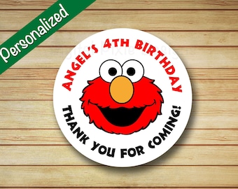 40 PRINTED ELMO Red Birthday Party Labels Sesame Street Round Stickers Personalized Elmo & Abby Cupcake Toppers Circle Favor Bag Label Tags