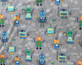 Fabric - cotton/elastane medium weight jersey fabric - grey robot print - knit fabric.
