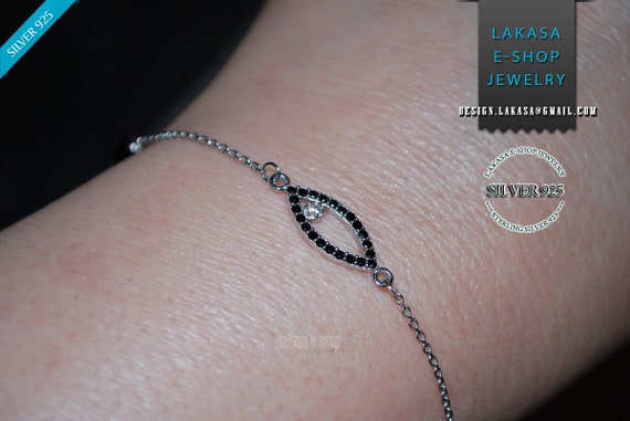 Eye Bracelet Sterling Silver white gold plated Jewelry Chain Black Rhinestone Crystals Best ideas gift woman birthday religious baptism love