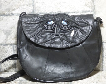 Cross Body Adjustable Purse With Face Monster Black Leather Unique Gift 447