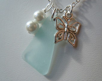 Aqua Beach Glass Necklace Sea Glass Butterfly Necklace Pendant Necklace Seaglass Jewelry